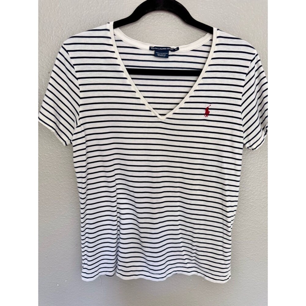 Ralph Lauren Sport Micro-Striped V-Neck Tee - Navy & White - XL